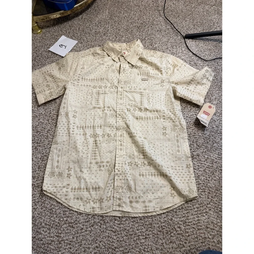 Levis Boys Large 12-13 Tan Bandana Patchwork Short Sleeve Button Down Shirt NWT